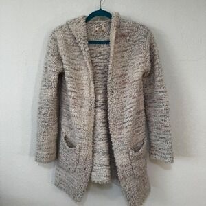 Hippie Rose Hooded Cardigan Sweater Women Size S Knit‎ Open Front Pockets Cream